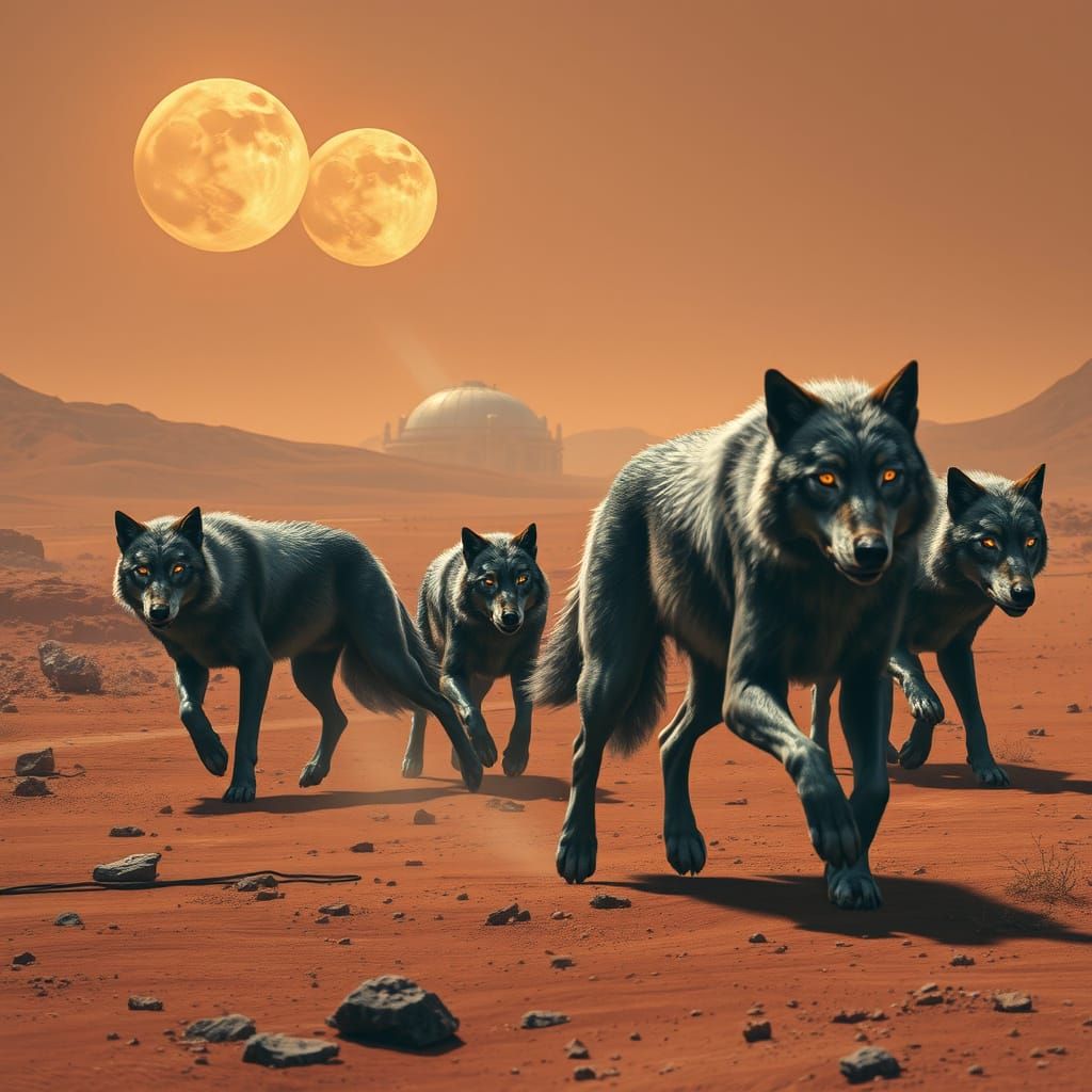 A pack of genetically modified wolves, adapted for low gravity and thin air, prowl across the rust-colored plains of Mars. Their fur has a m...