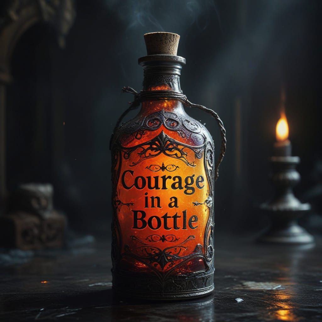 create a old fantasy  elixir bottle  written ''courage in a bottle'' on it  , realistic masterpiece by Ian Miller, realistic Ian Miller art,...