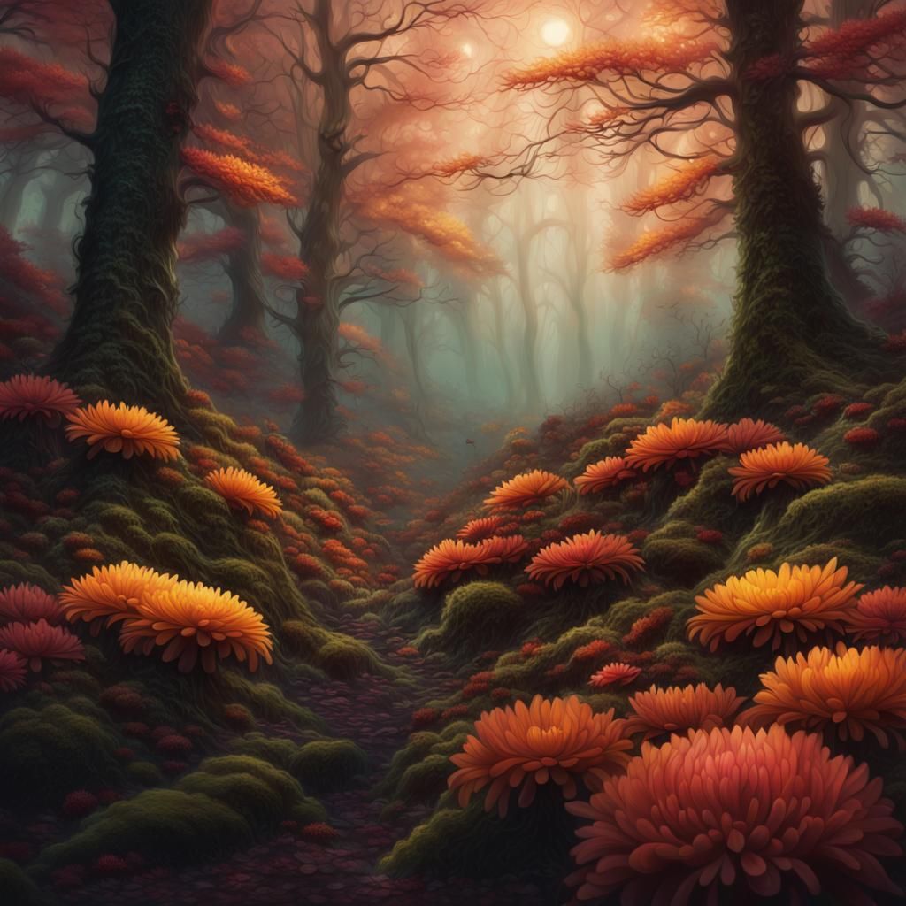 hyperrealistic forest in Autumn that has a  dangerous, impos...