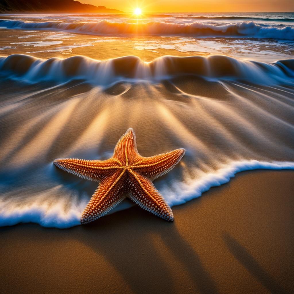 glorious sunrise, pristine ocean beach, starfish, slanting rays of light, dynamic lighting  by @Morgan