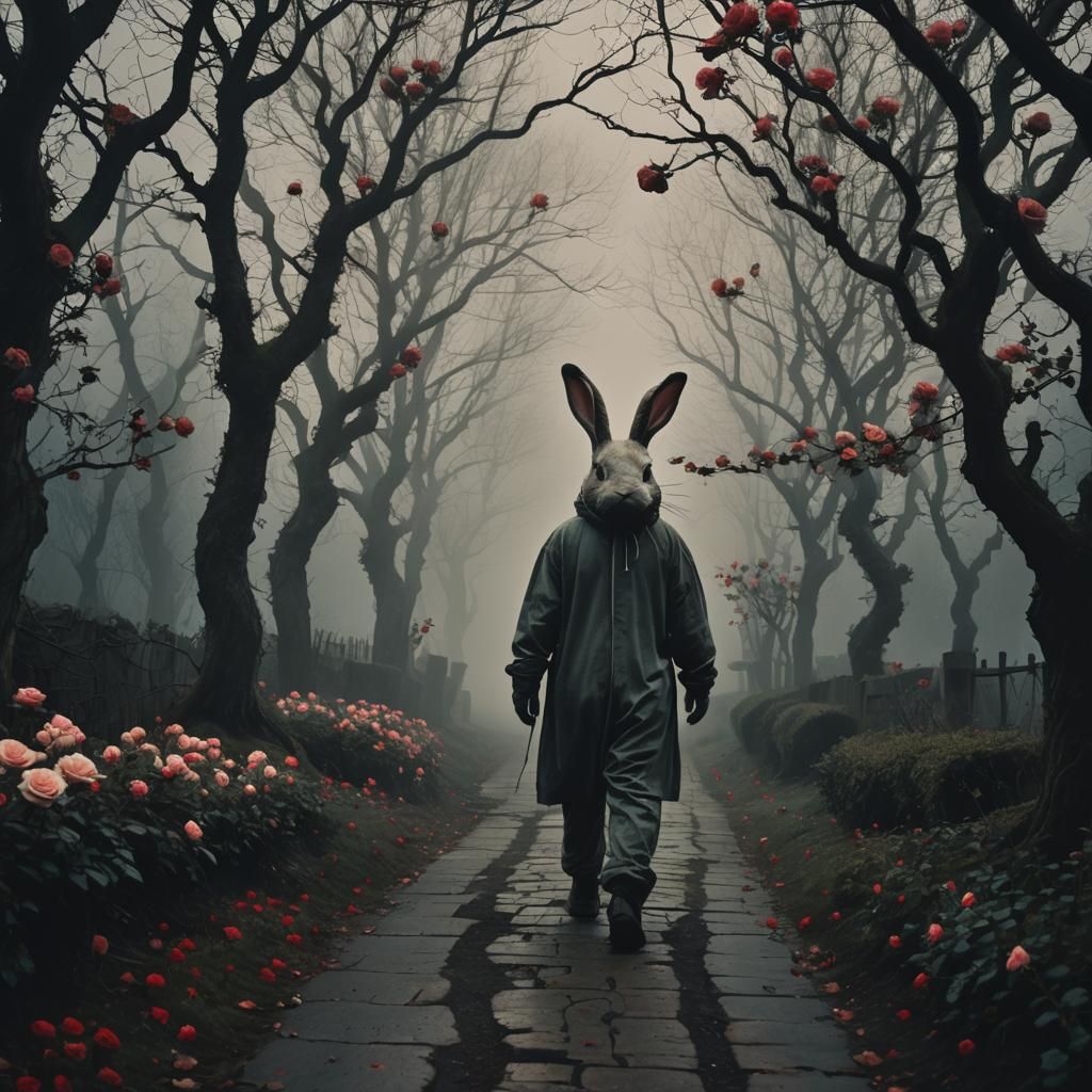 The Bunny Man in an eerie, rose clad pathway. Mist, fog, moon