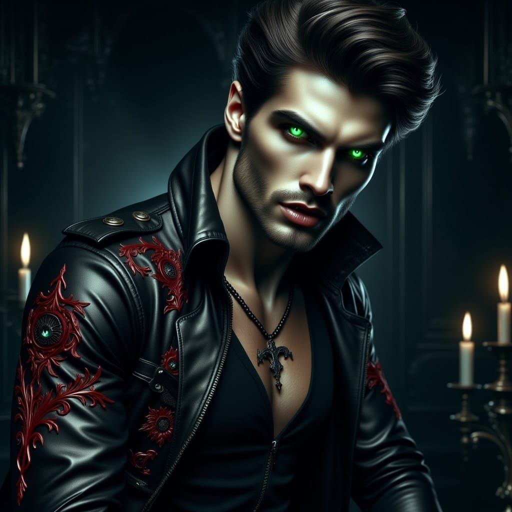 <lora:Flux Male Vampire:1.0> handsome Male vampire with glowing eyes, Anne Stokes, Greg Rutowski,  Todd Lockwood 