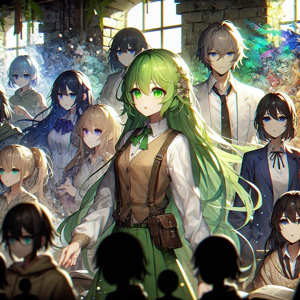 Anime girl with long lime green hair and bright green eyes i...