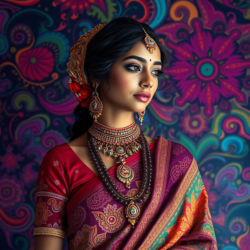 Beautiful Indian woman wearing saree and jewelry colorful background  by @ciAra Manley