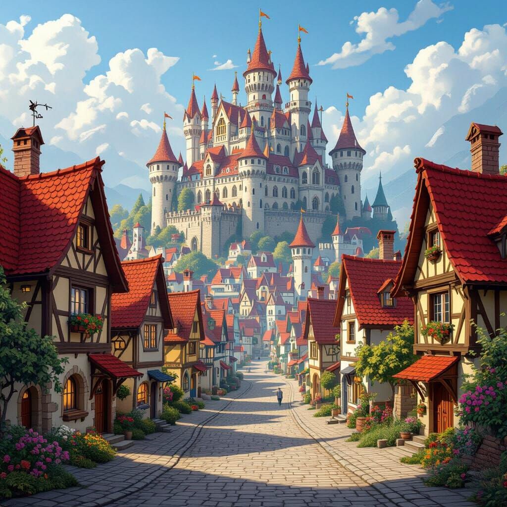 Charming Village Main Street with Distant Palace