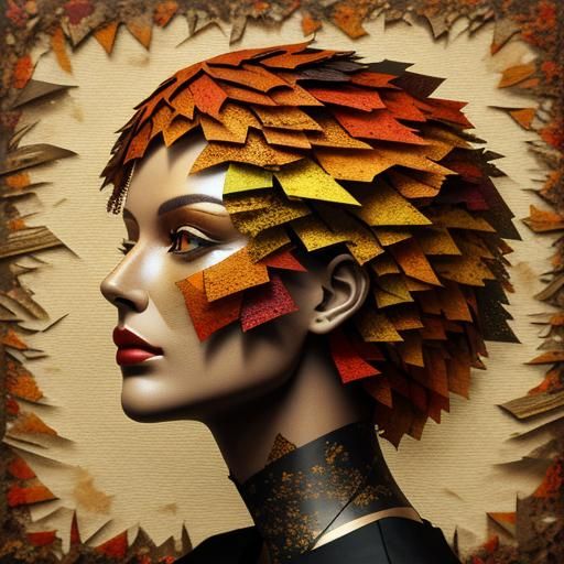 3D, textured torn paper collage art - autumn cozy trees in a...