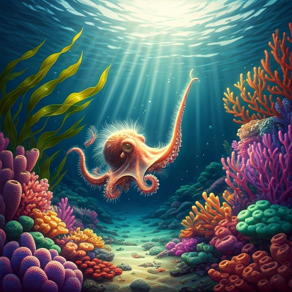 Fantastically Furry Fluffy Baby Octopus stretches its tiny tentacle trying in vain to touch the elusive ...  by @LilacVenom