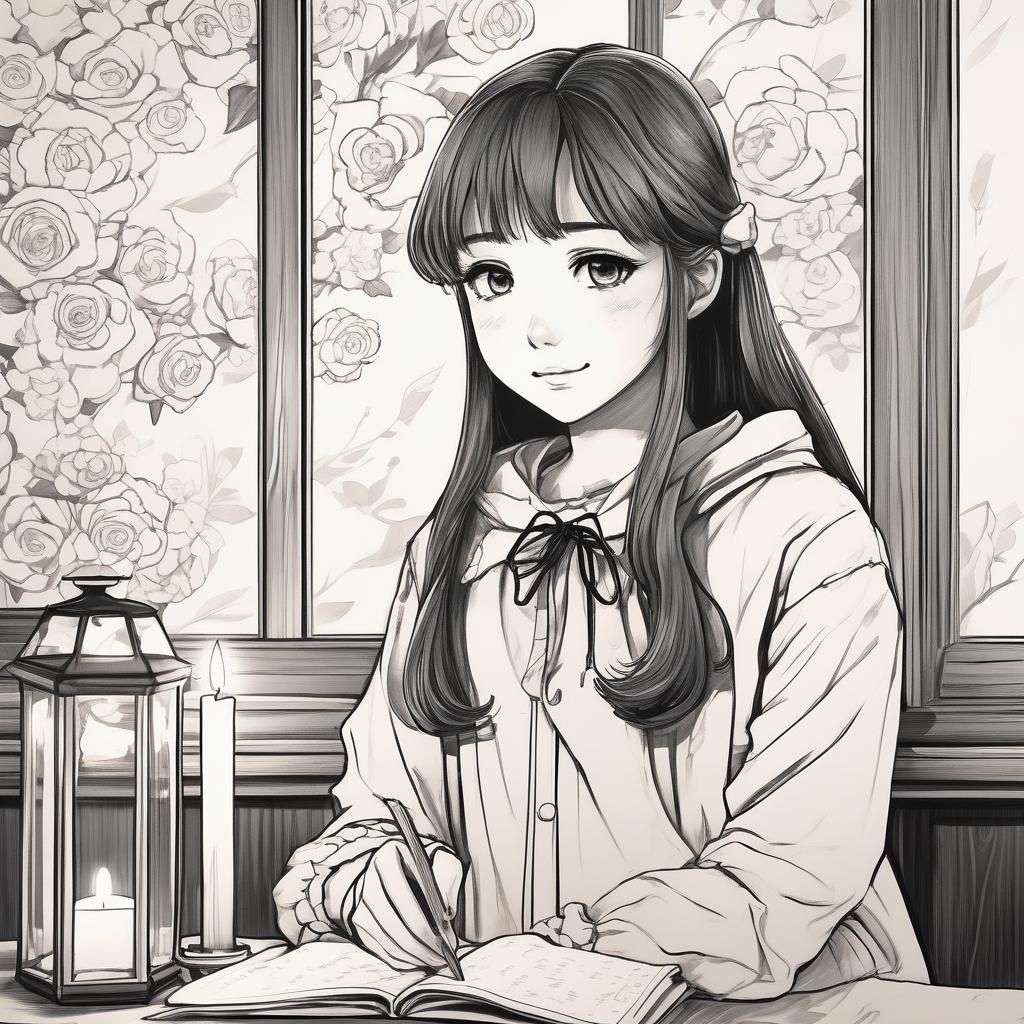 Monochrome Anime Girl Portrait with Candlelight