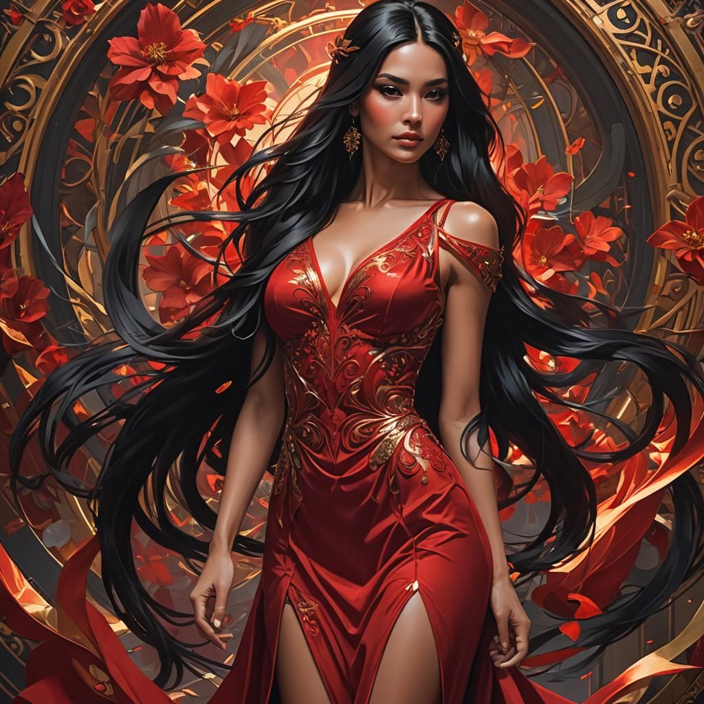 Latina woman, 35, 5,7 feet tall, thin body, long legs, long black hair, in  a red dress. - AI Generated Artwork - NightCafe Creator