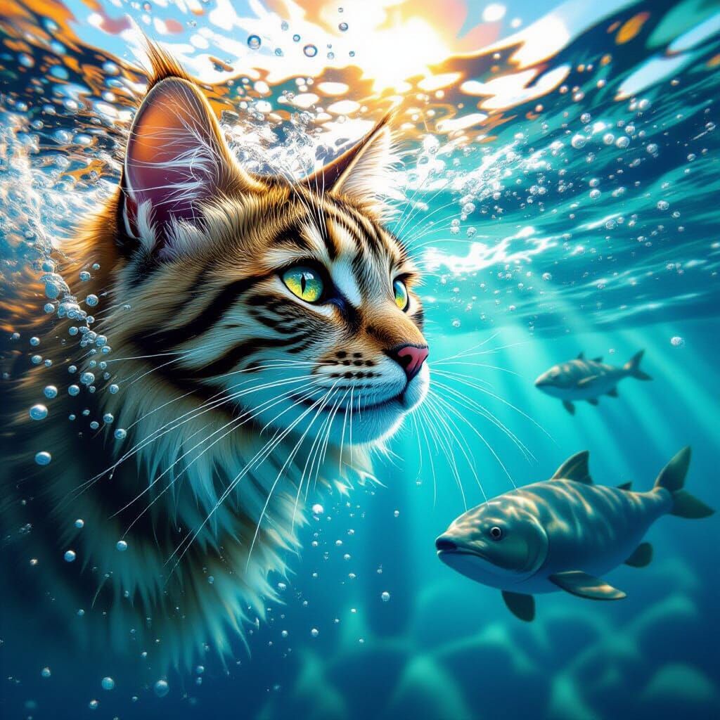 Hyperrealistic Sea Cat with Bears in Clear River