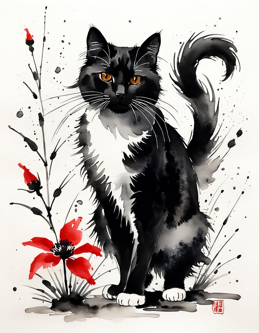 Minimalist Japanese Ink Cat Painting with Red Flower