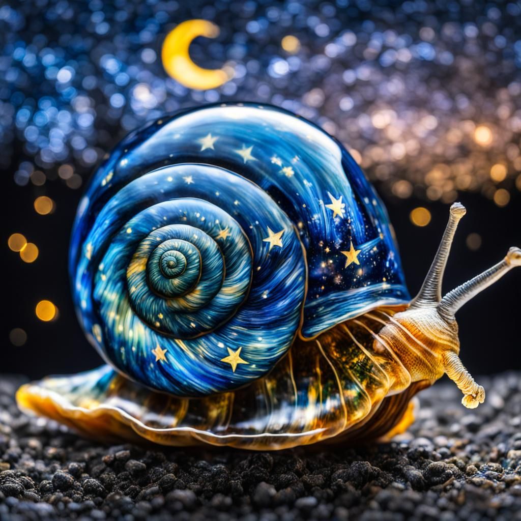 A whimsical glass snail double exposure of Vincent van gogh starry night on transparent shell   by @jnatas