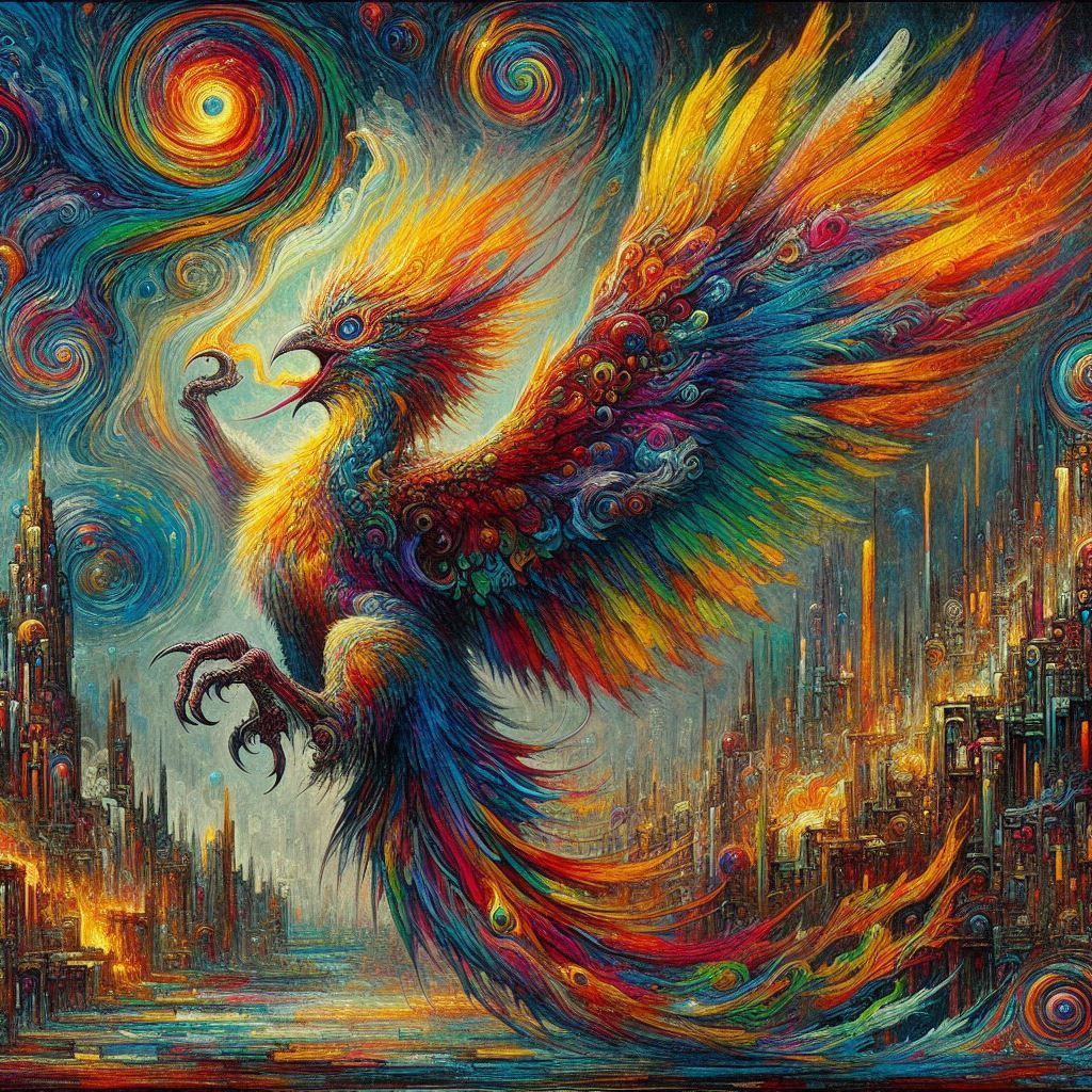 Slavic mythological Firebird, surrealism, punk
