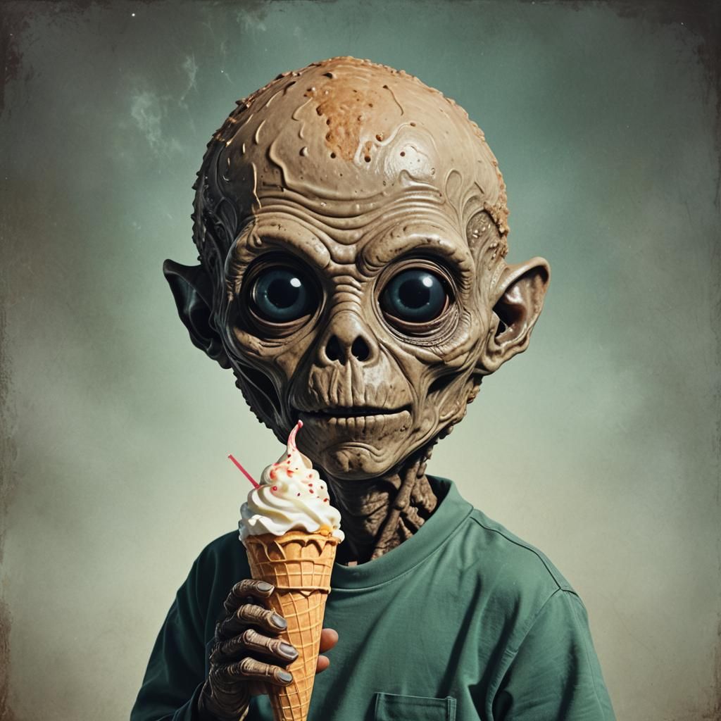 Portrait of an extra terrestrial eating an ice cream cone