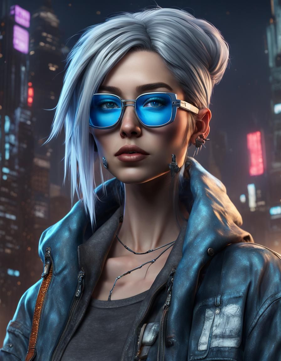 Cute female cyberpunk hacker with blue colored glasses, in a jacket ...