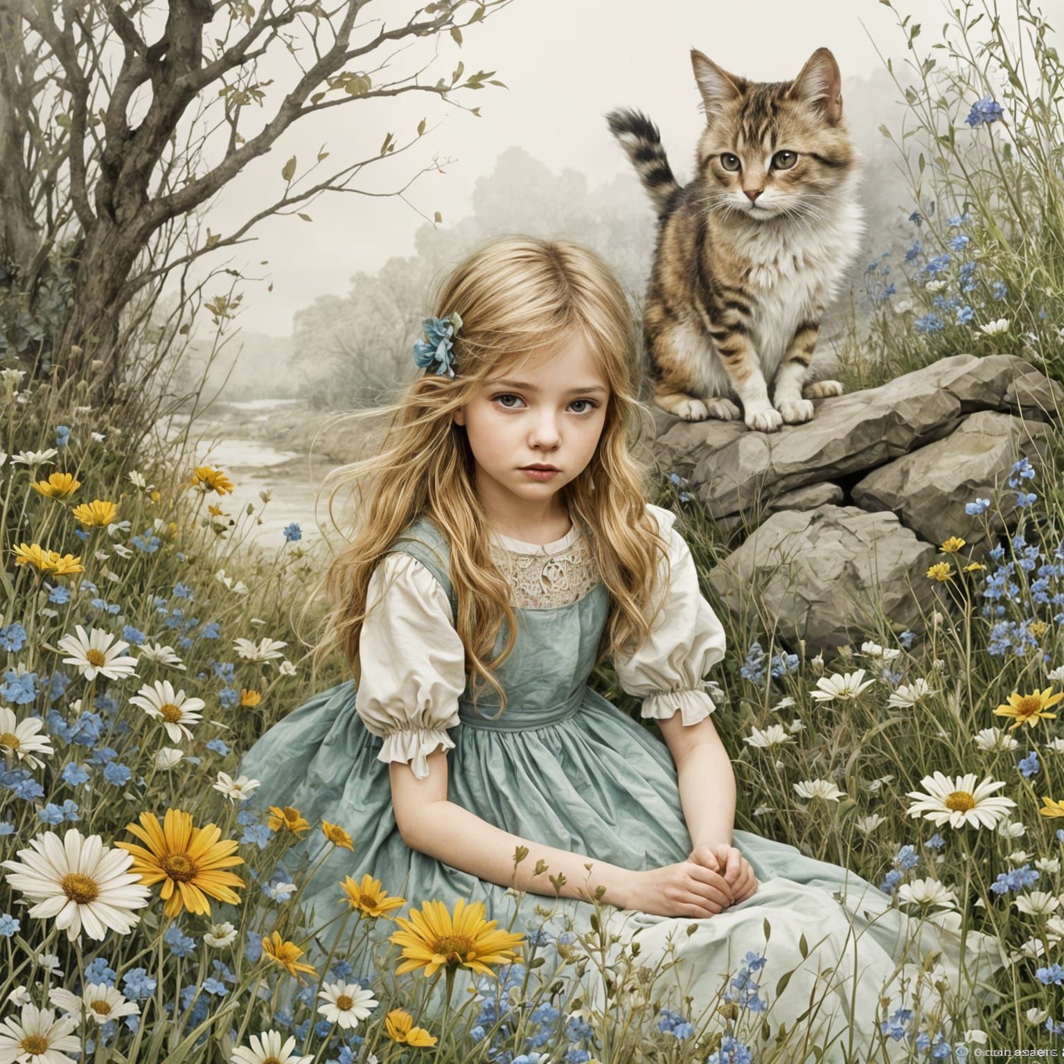 Dreamy Child Portrait in Naive Art Style