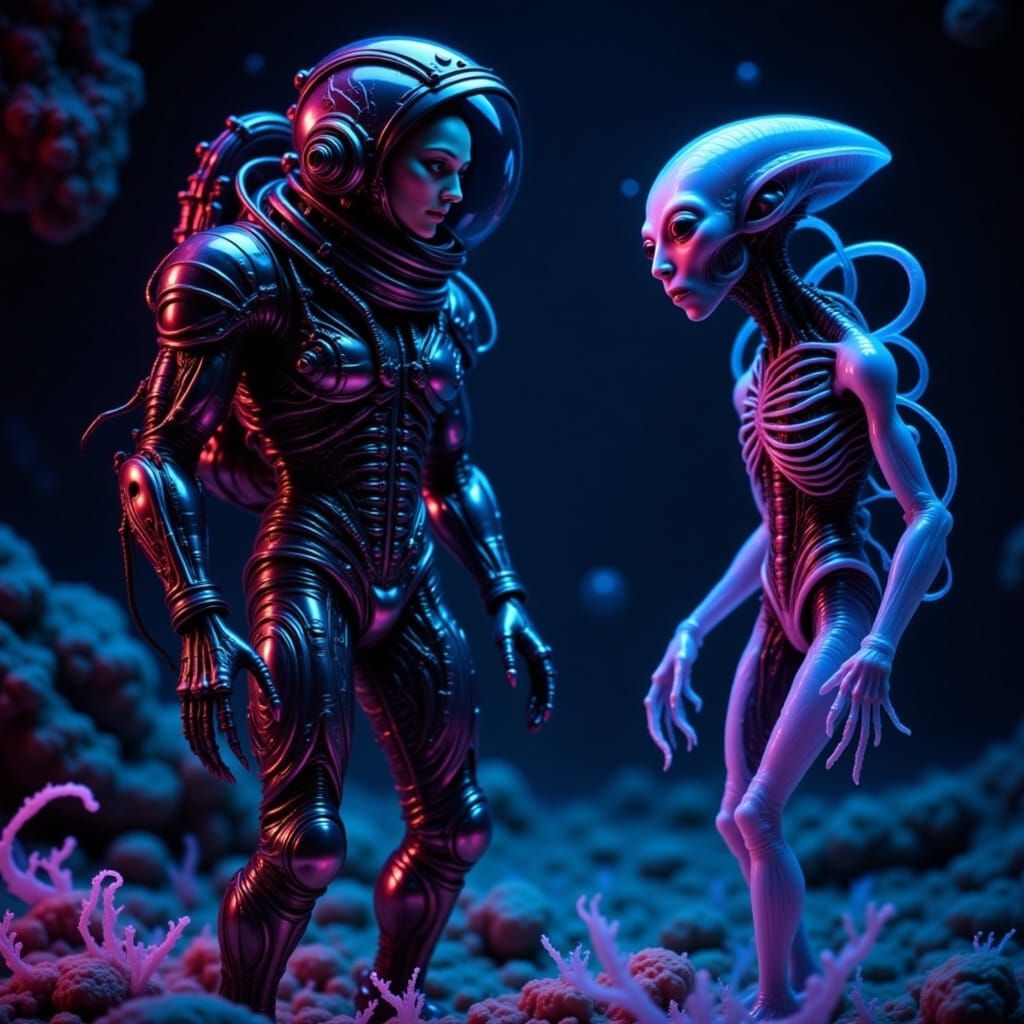 mood lighting neon colors UV light capturing the moment of a coincidental meeting between a lost astronaut and a curious alien in the vastne...
