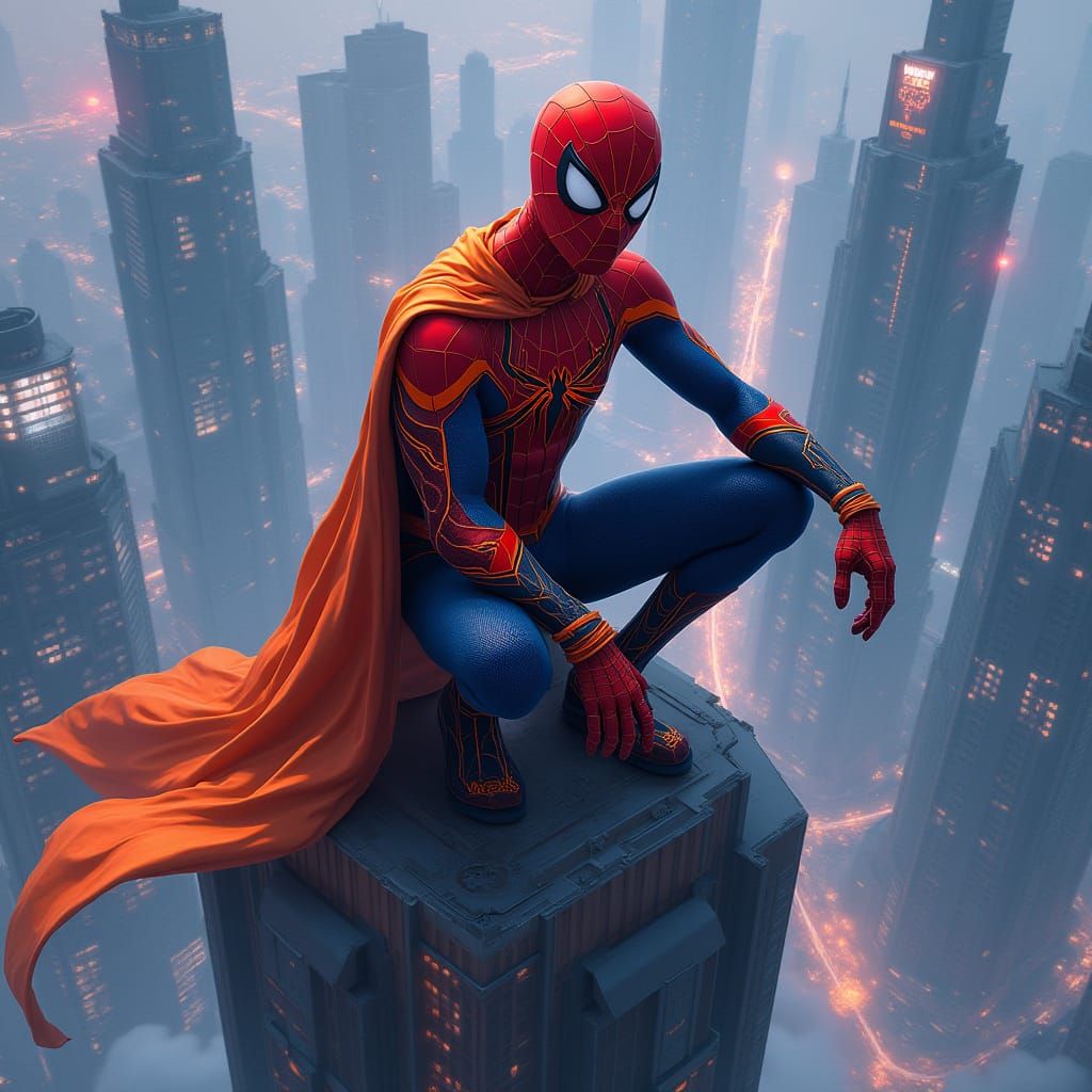 Spiderman atop a Neon Cityscape