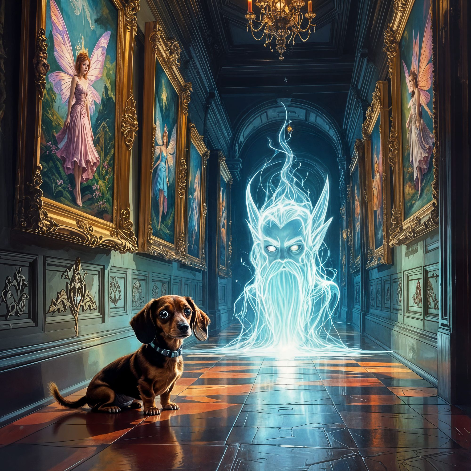 A long hallway like room. Beautiful painting of different fairies on the walls. Little red dachshund dog on floor with wide eyes and a frigh...