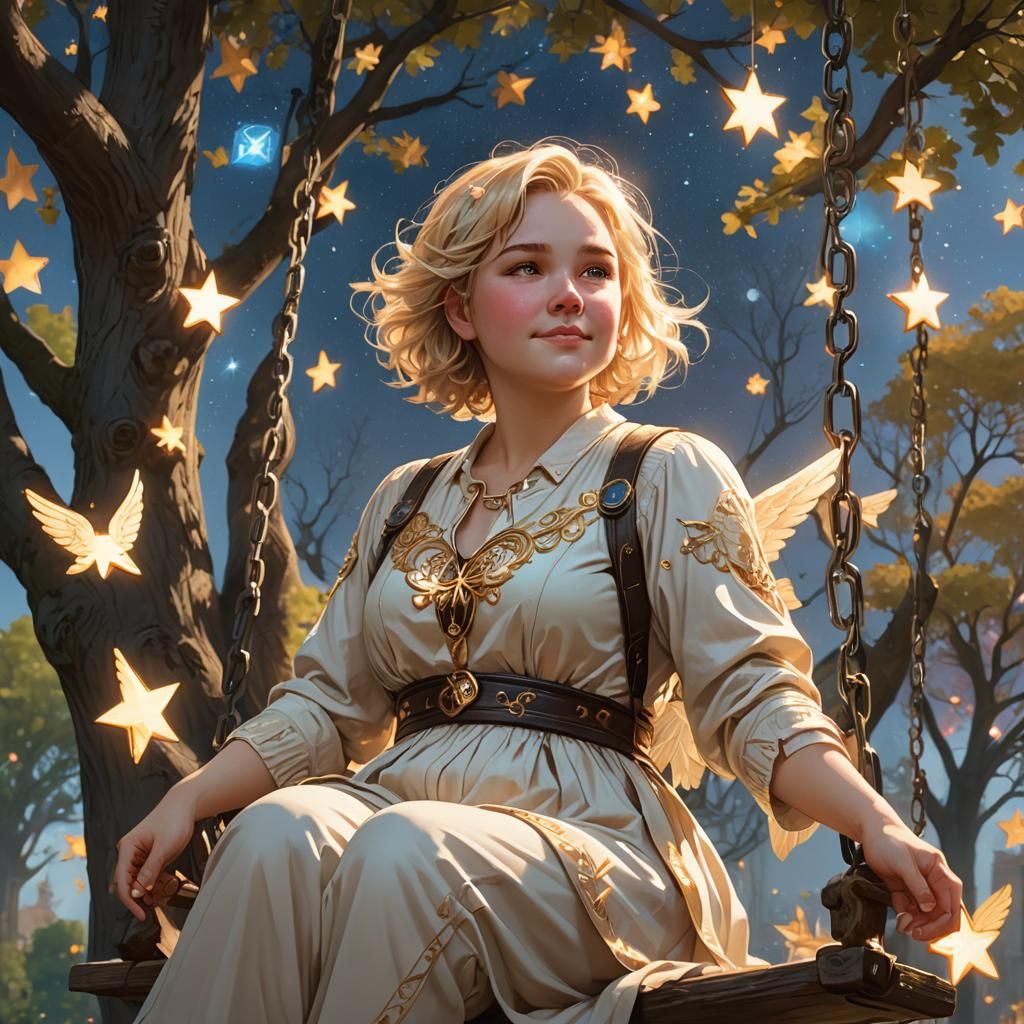Happy chubby short hair blonde angel sitting on a swing hang...
