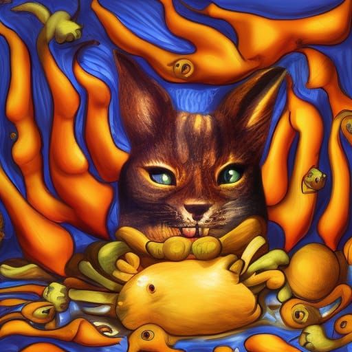 cat worshipping a rabbit god