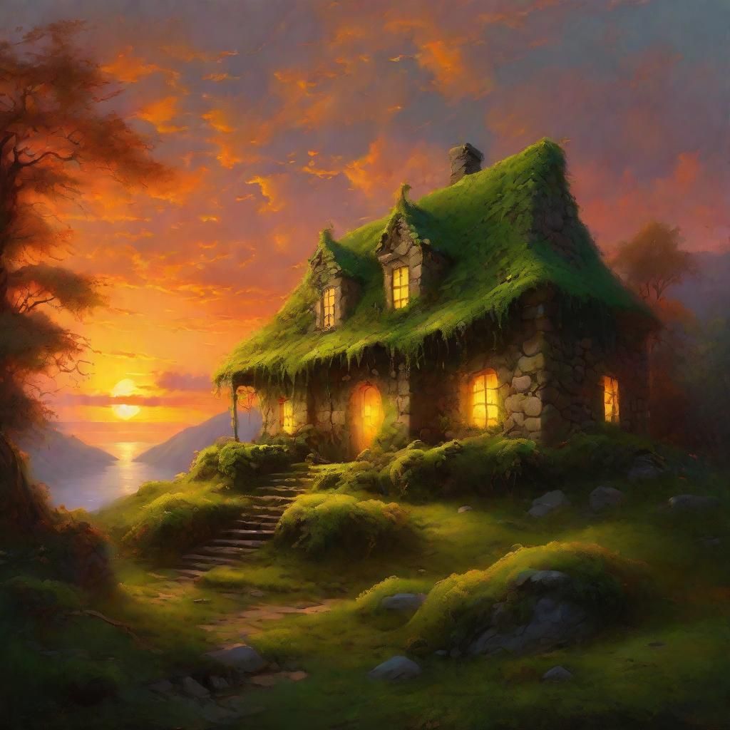 Enchanting Moss-Covered House at Dusk: Surreal Painterly Art