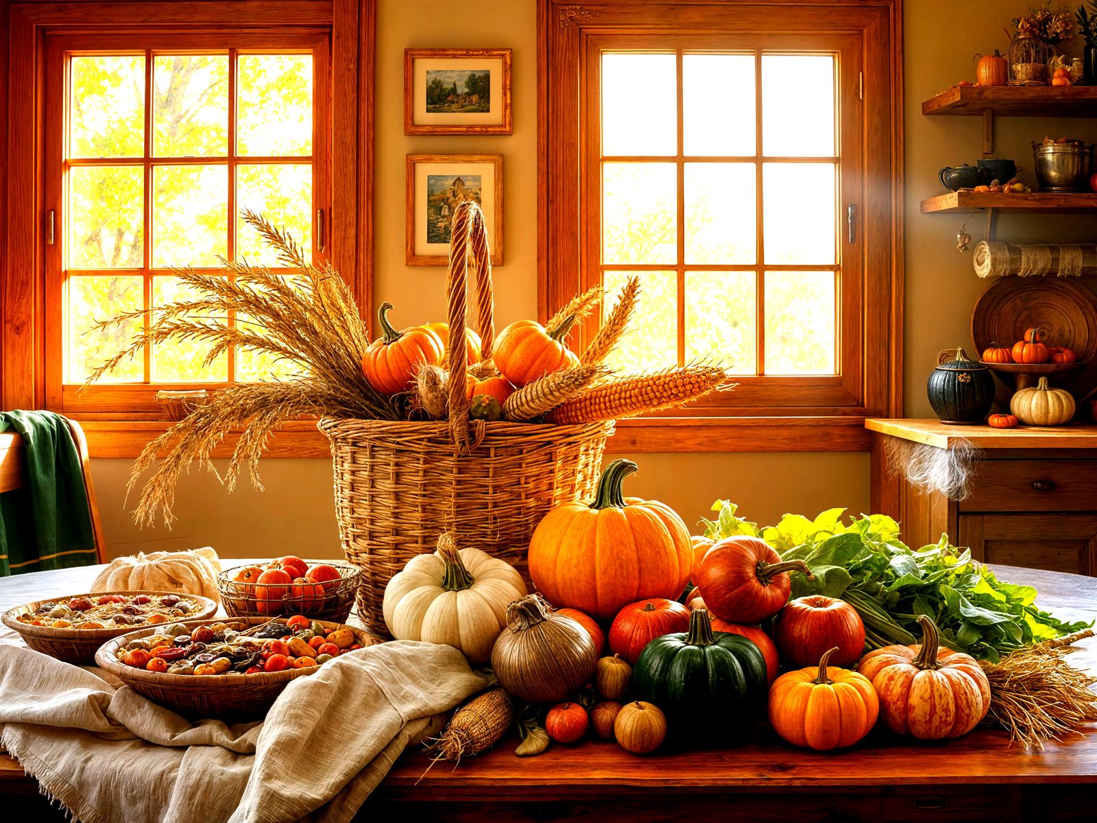 Autumn Harvest Festival A golden rustic basket filled with pumpkins, gourds, and corn, wheat, red apples, ...  by @Lennis