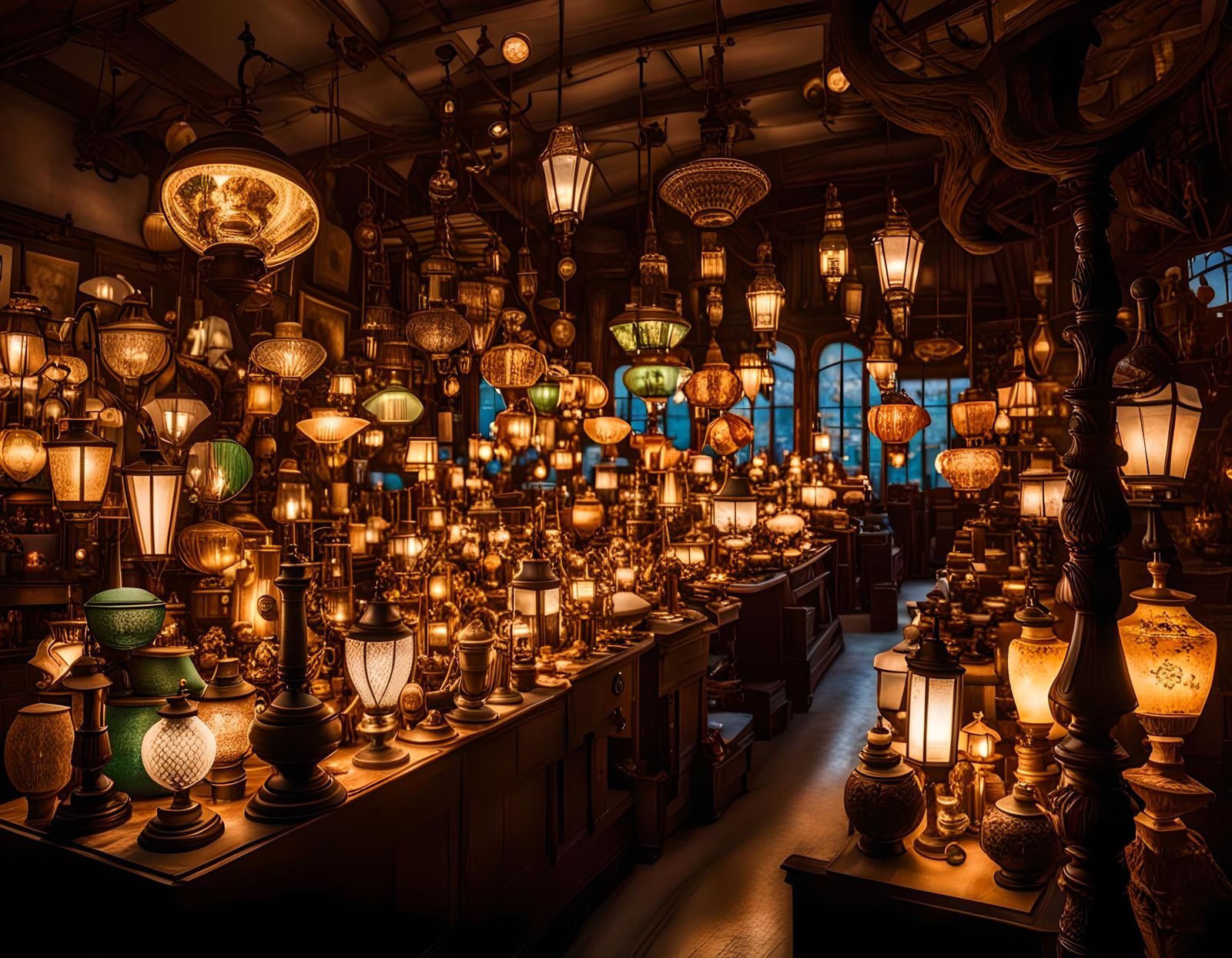 A roomy and wonderfully warm lamp shop. Soft light fills the space ...