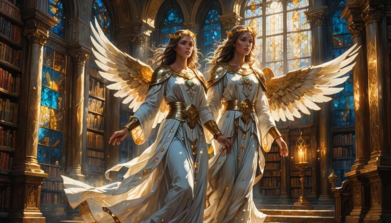 Haloed Angel in an Ancient Library: Art Nouveau Style