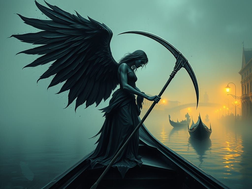 A masterpiece. an angel of death with large black feathery wings holding a sharp scythe standing on a ...  by @Kindly Offer