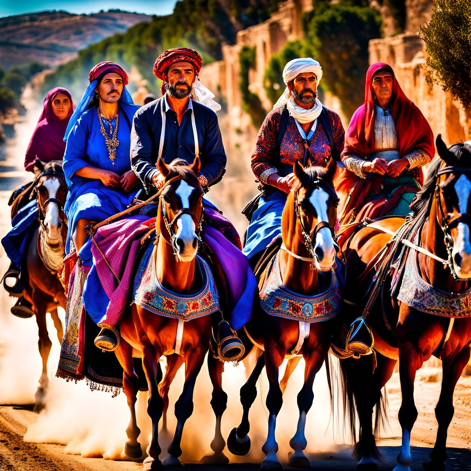 Caravan of Gypsies, men and women on beautiful horses, in tr...