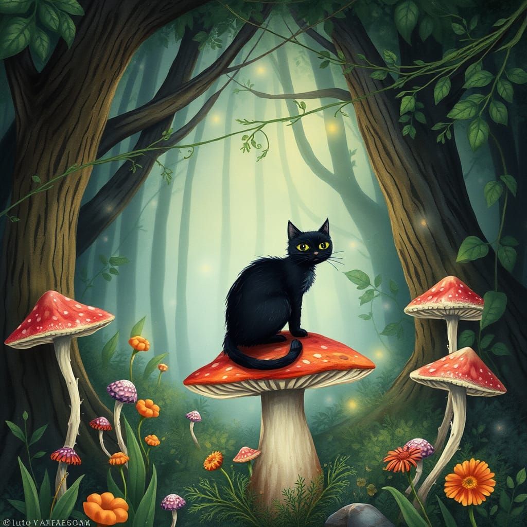 Mystical Forest Scene with Black Cat, Watercolor Style