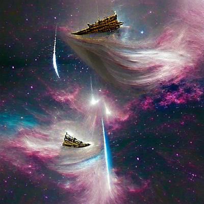 A ship flying through space