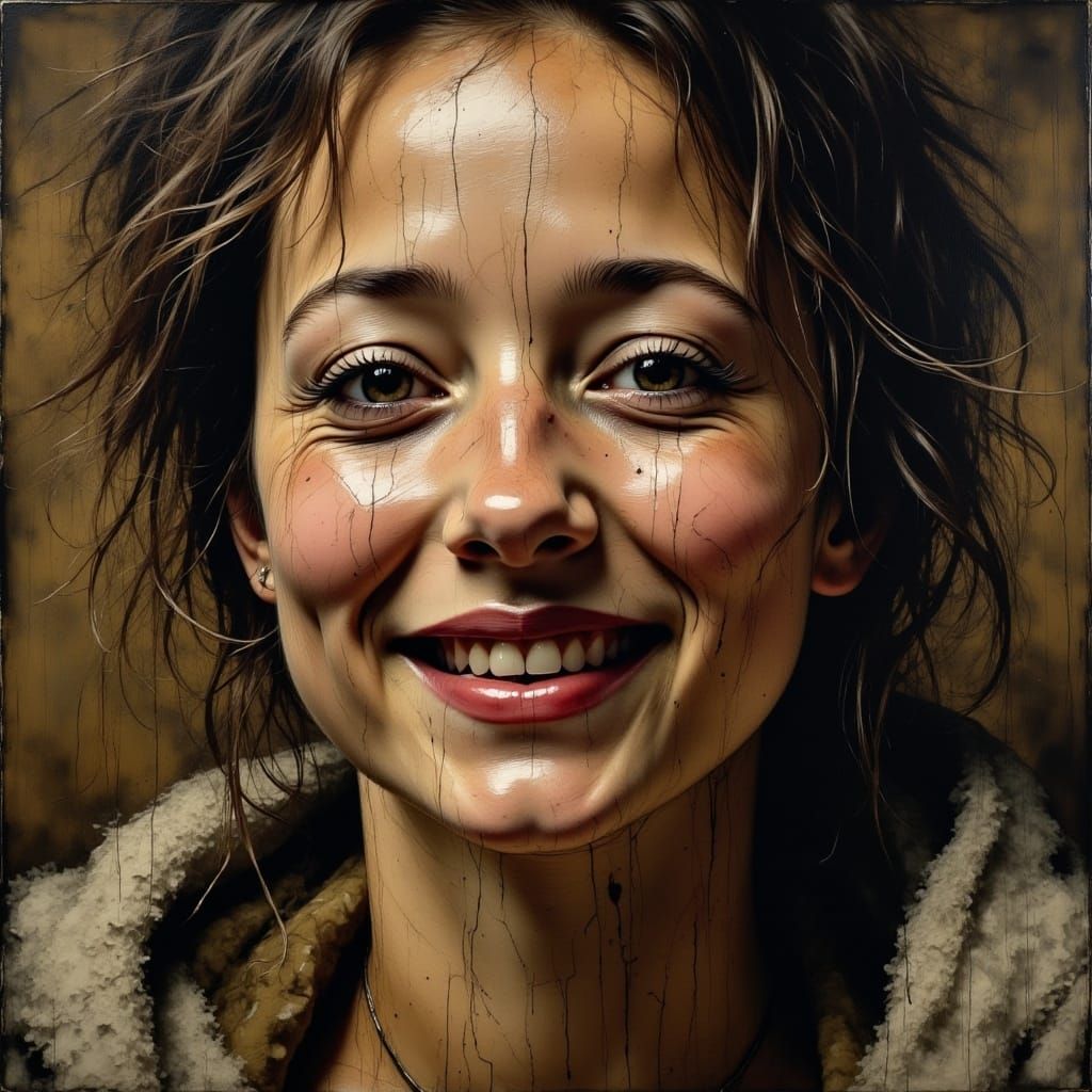 Rough, textured Oil paint facial features, imperfect skin tones, light catching texture of paint on subjects face <lora:Brushed Charcoal Fl:...