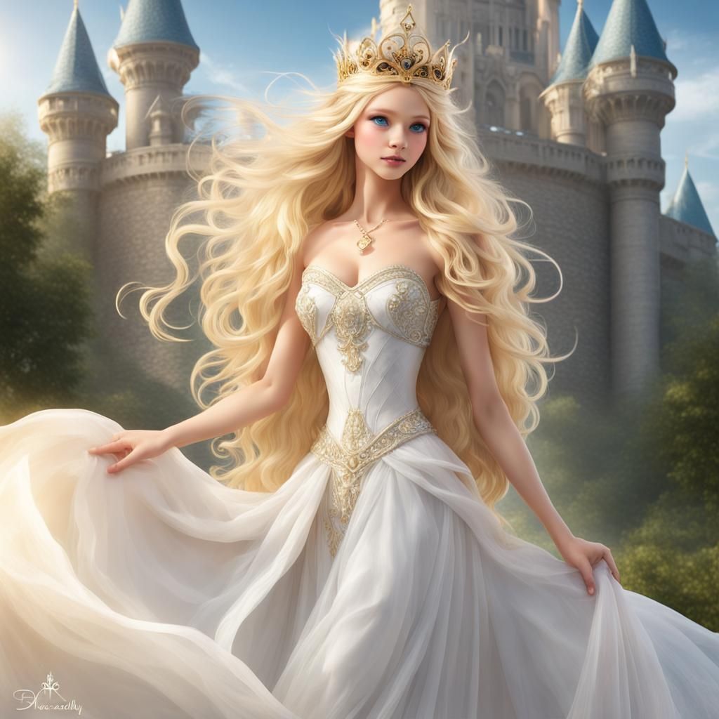 Design an enchanting princess with a regal crown adorning he...