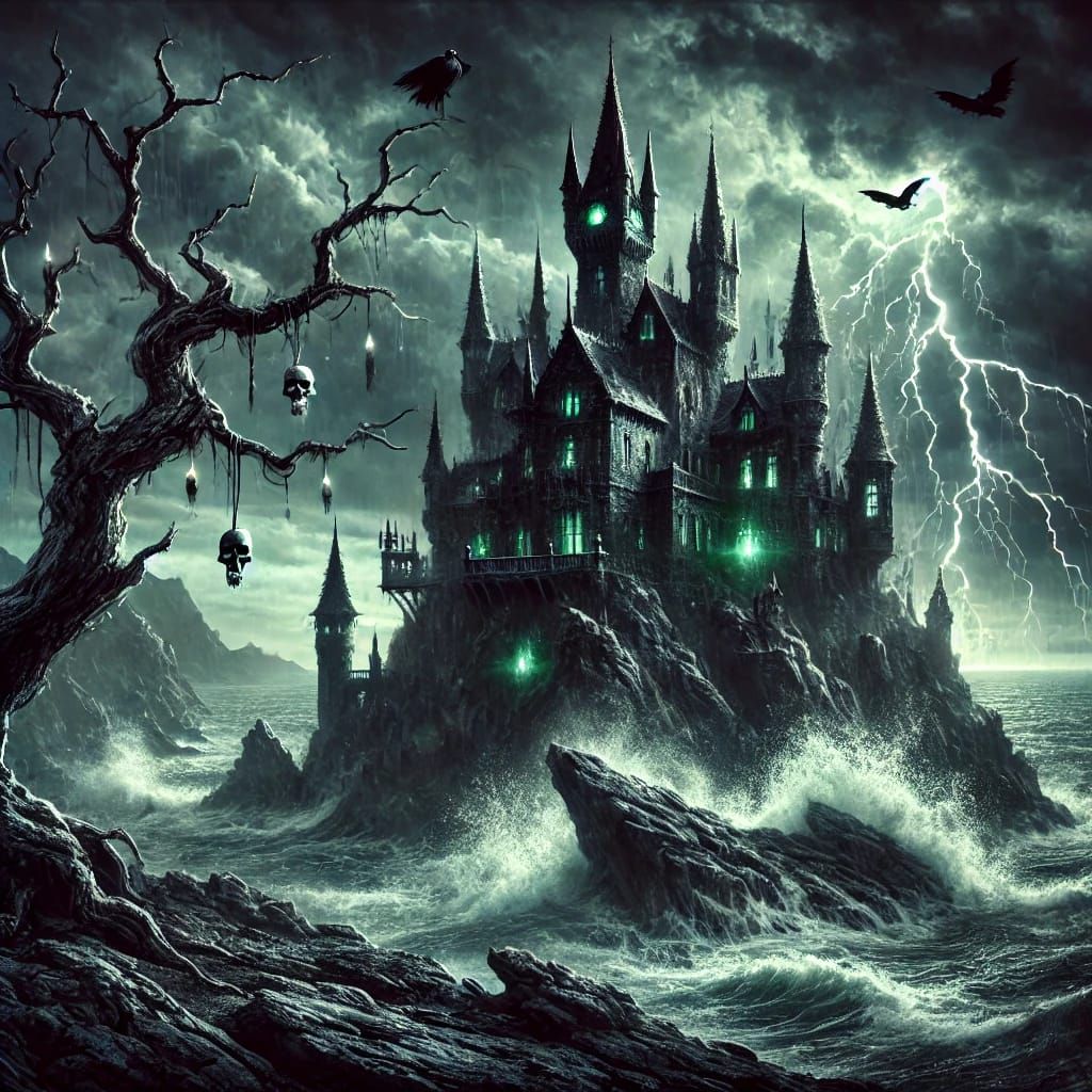 The witch's manor perched atop a jagged rocky outcrop, exuding a gothic and necromantic magical ambiance. The dark, towe...