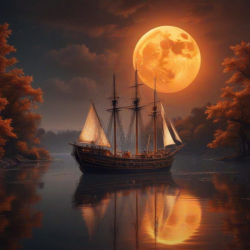 Night landscape in black and orange tones. Large realistic orange moon. glows. Clouds soft like cotton wool surround the moon and are reflec...