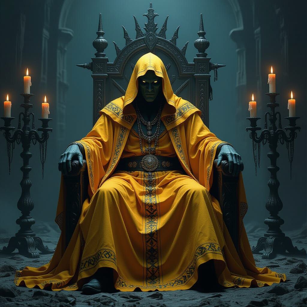 Lovecraftian demon king in a yellow robe sitting on a throne  by @MrMachineElf