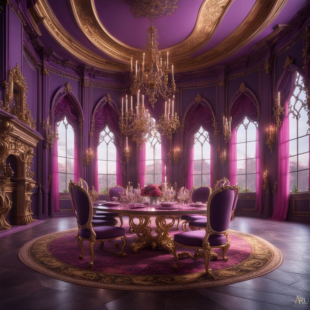 Huge purple and pink rococo gothic royal dinning room with g...