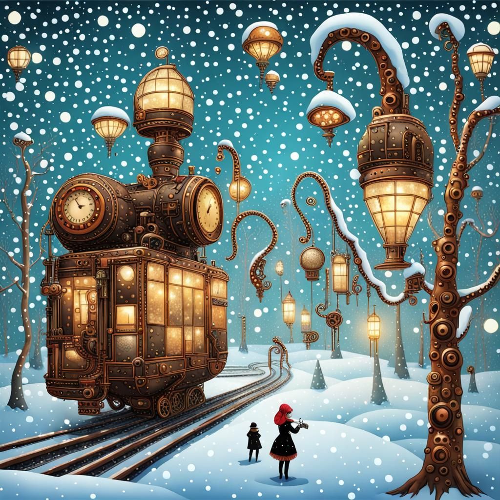 steampunk winter wonderland  in the style of Yayoi Kusama 