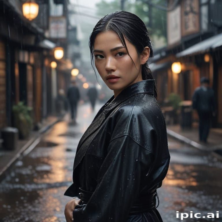 Female japanese assassin in a leather outfit, scene developm...