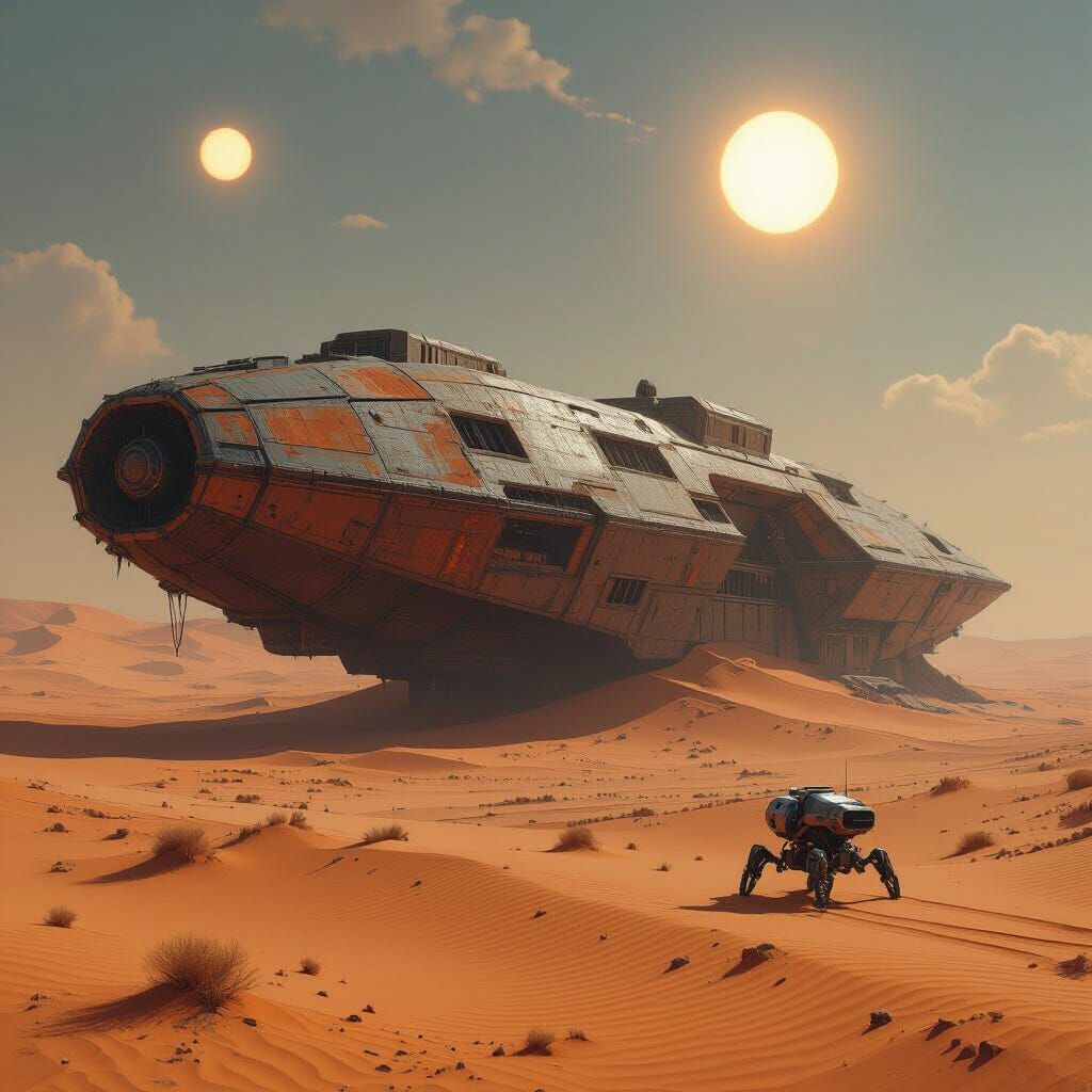 A colossal, derelict spaceship half-buried in an alien desert landscape, vast dunes stretching to the horizon under a sky with two suns. Int...