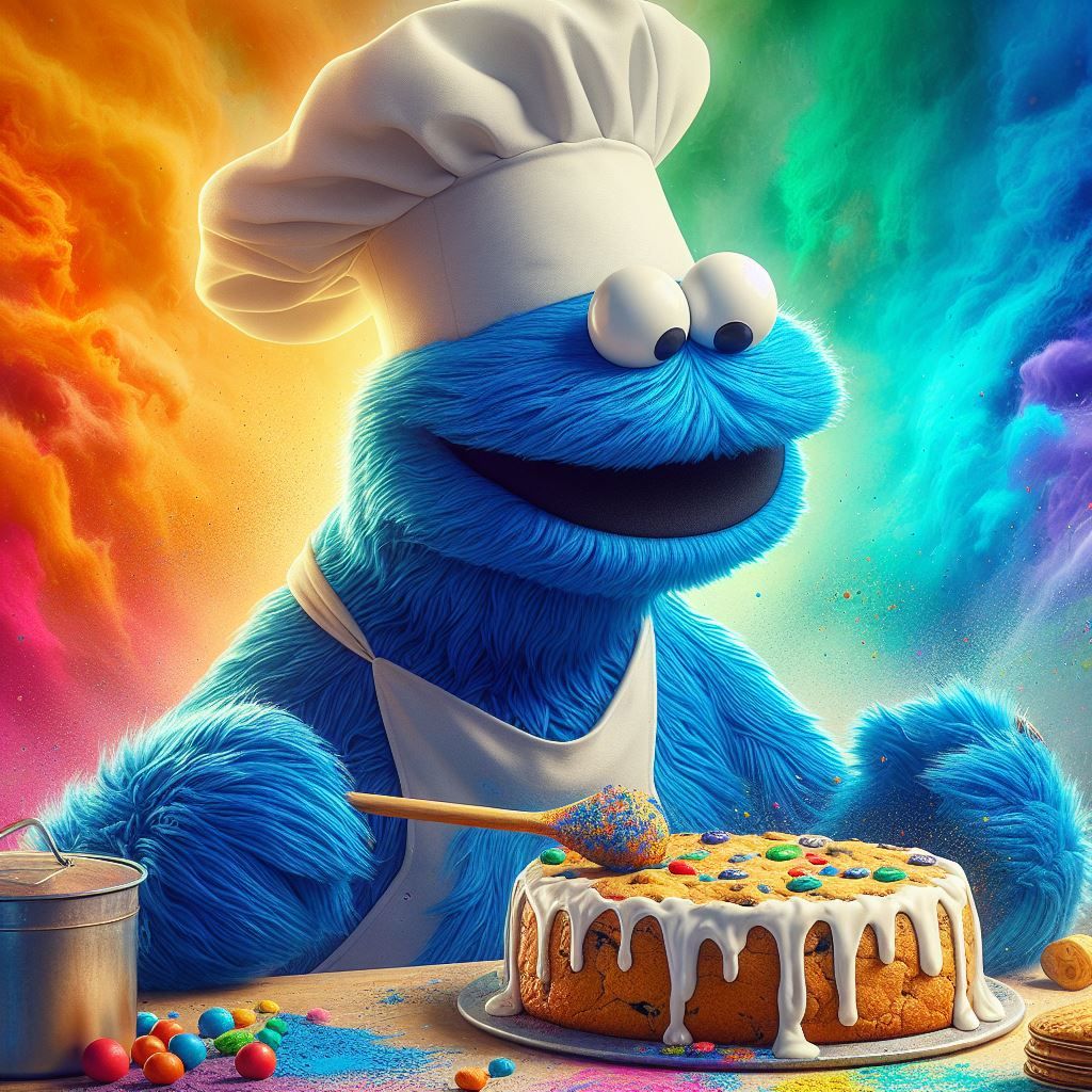 The cookie monster is baking a cake