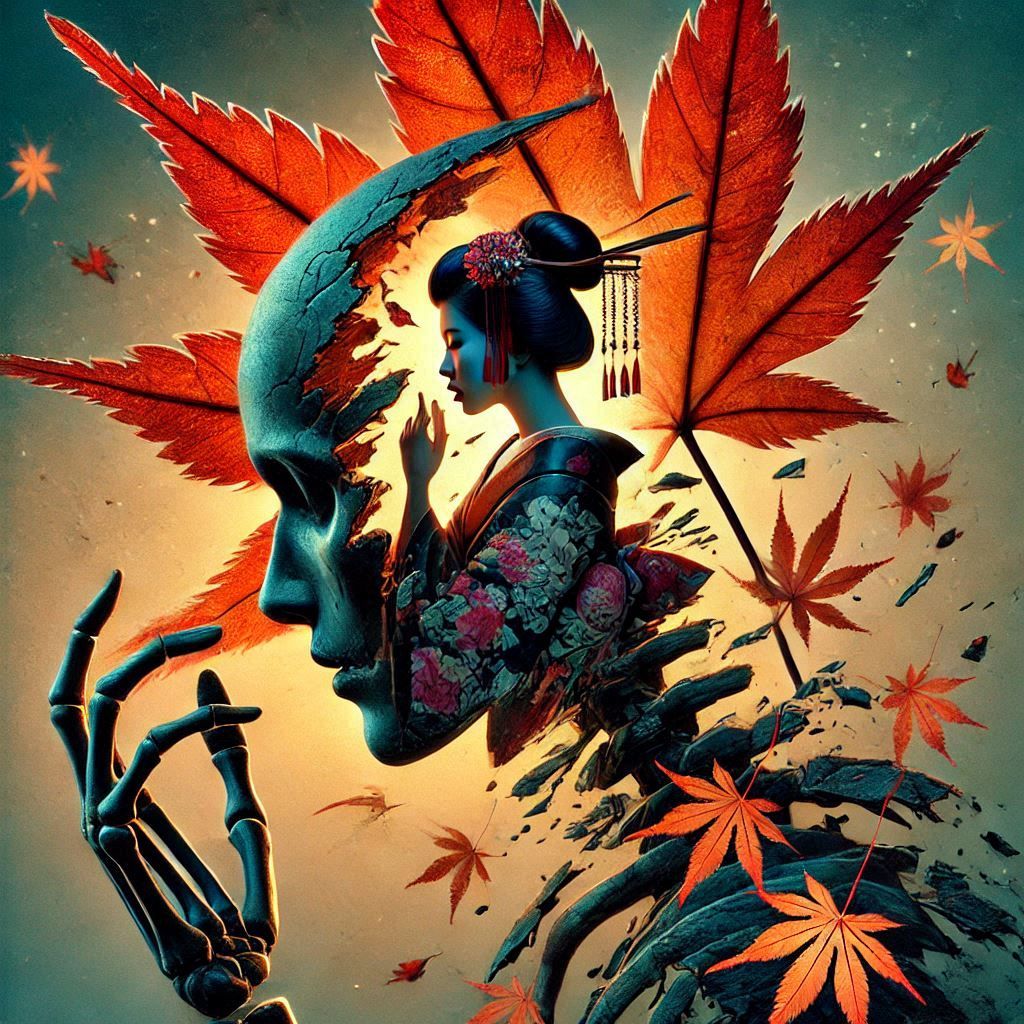 Double exposure Geisha and maple leafs