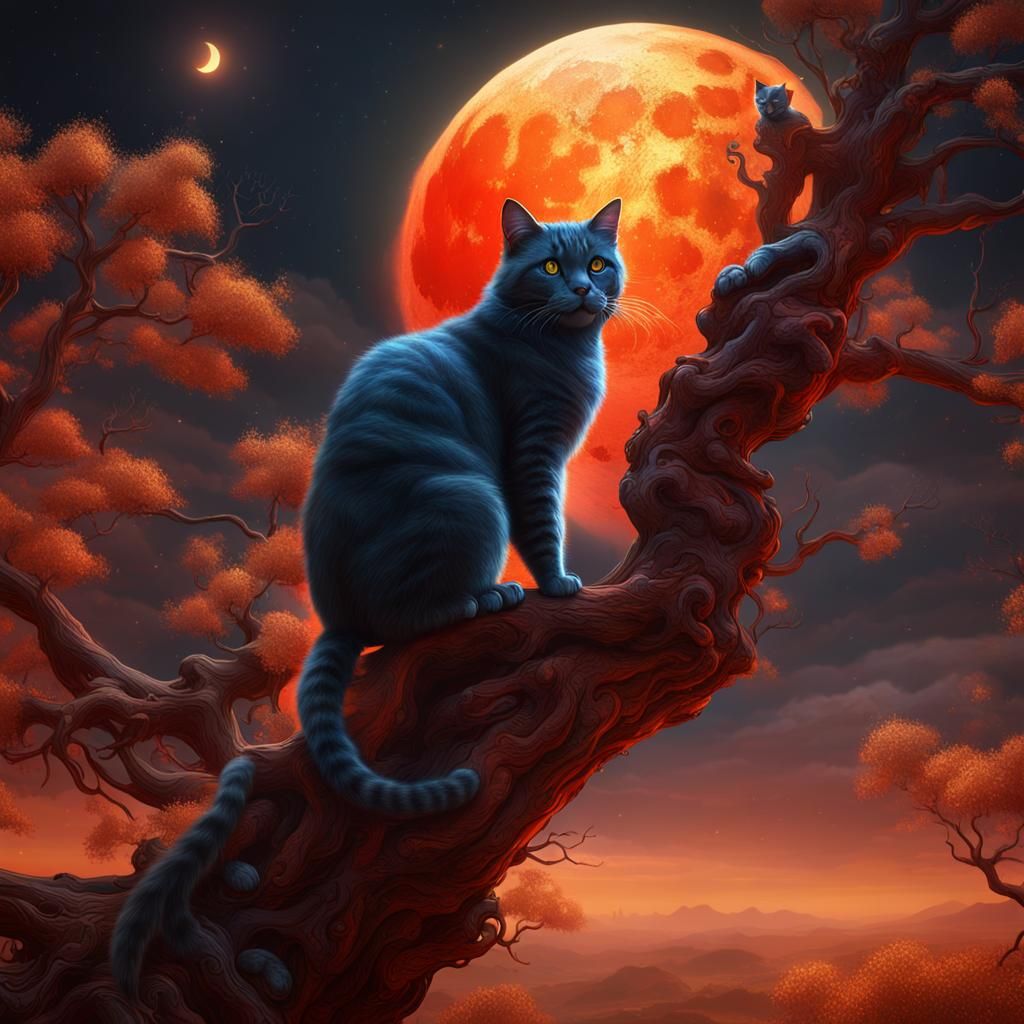 Bleu smoke colored cat sitting in a tree watching the red an...