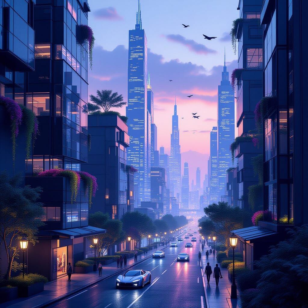 Futuristic Cityscape at Dusk in Cyberpunk Style