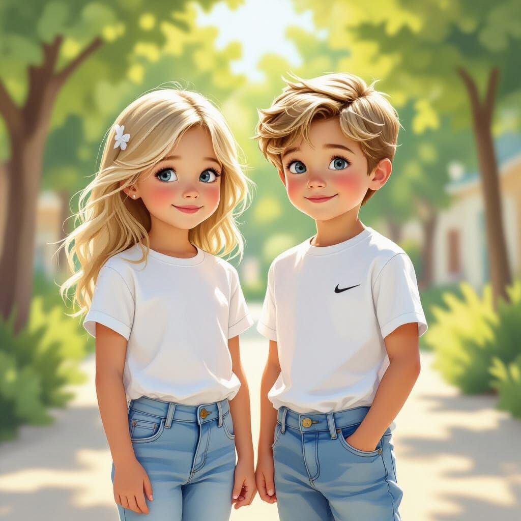 Blonde Twins in White Shirts and Blue Jeans