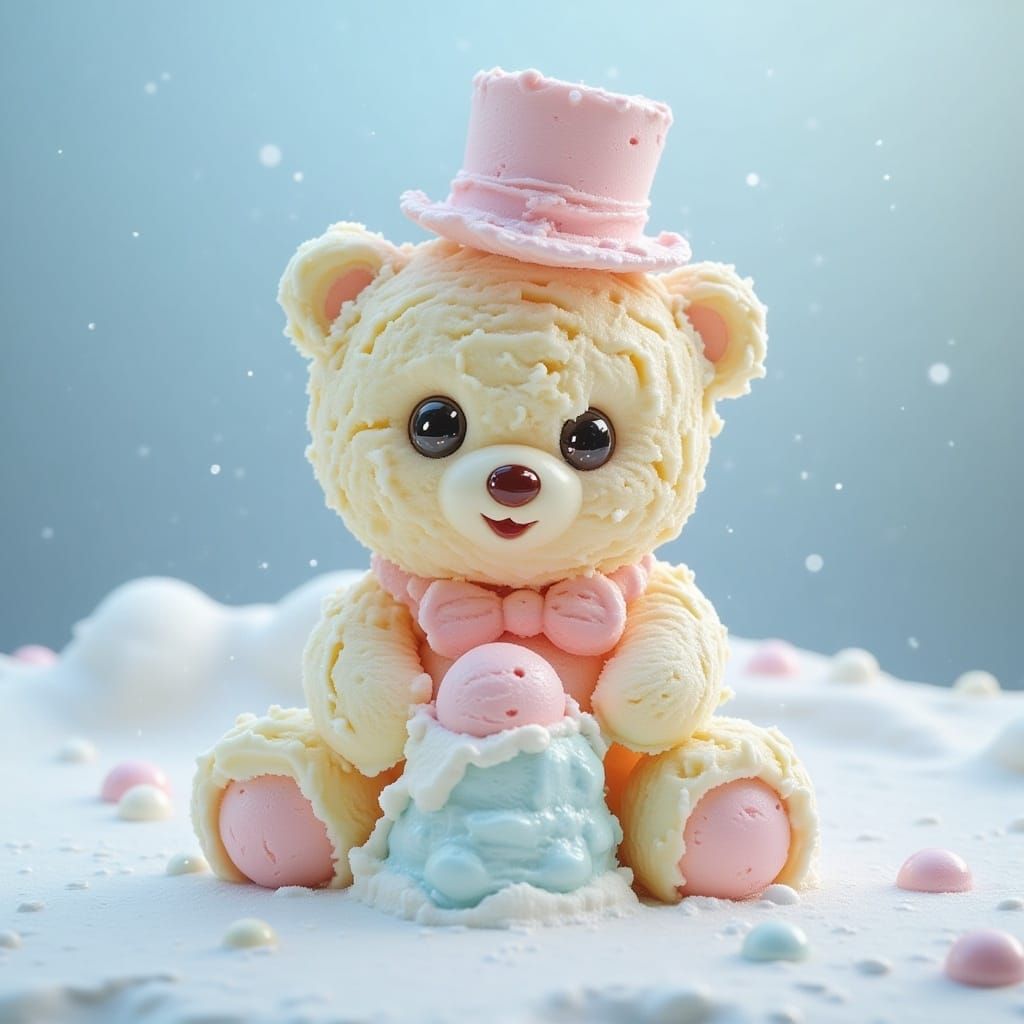  <lora:Ice Cream Flux:1.0> A teddy bear with a top hat sitting on a snowbank, made of ice cream