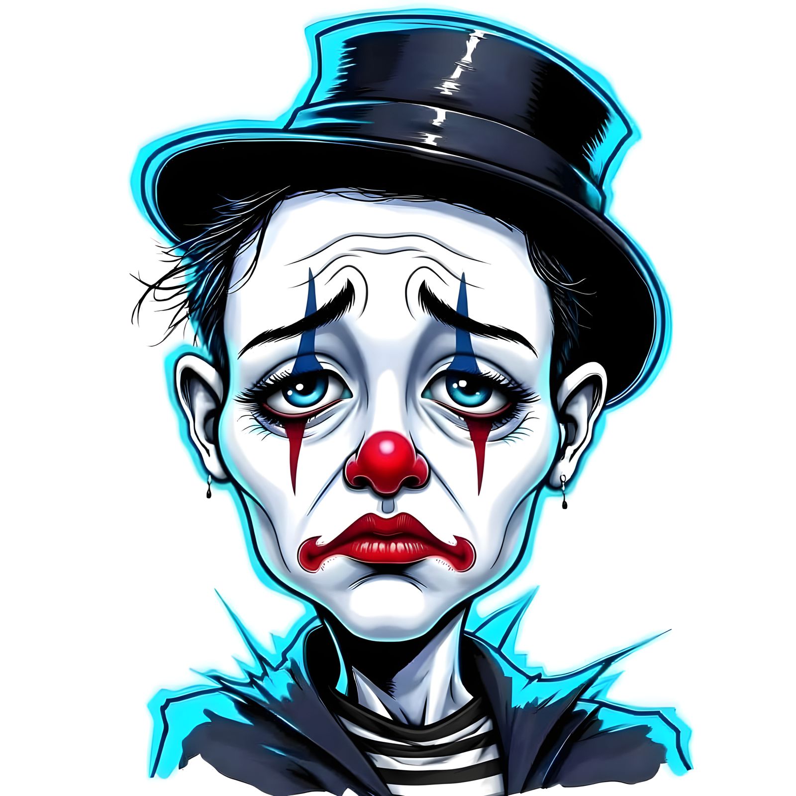 Lonely Mime Caricature with Neon Blue Accents