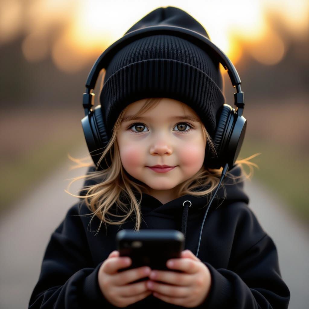 Young Girl Listens to Music with Headphones